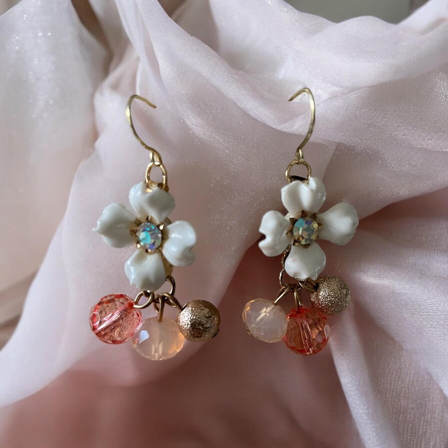 Charming little dangle earrings - white rhinestone studded vintage flower with pink and gold dangle beads