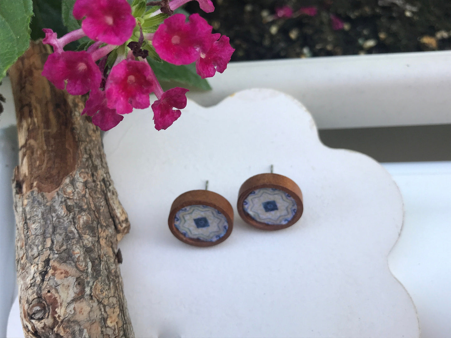 One pair of wooden stud earrings with faux tile inspired by Morocco, Italy and Portugal - 12mm round