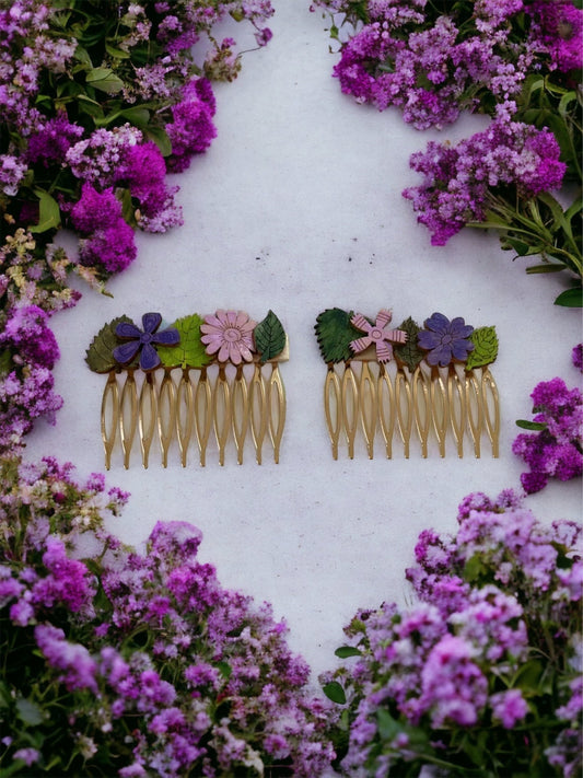 Pair of handpainted wooden flowers on metal hair comb - floral garden