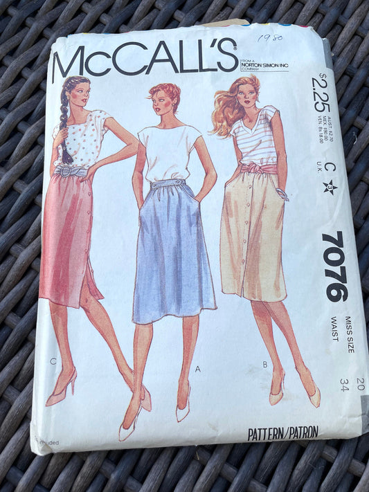 UNCUT Vintage Sewing Pattern from 1980's - McCall's 7076 Misses skirts classic gathered side or front button Waist -Misses Size 20, Waist 34