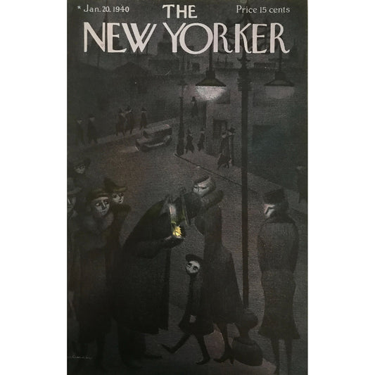 The NEW YORKER Magazine original cover - January 20, 1940 - Christina Malman - Man lighting cigarette on dark street