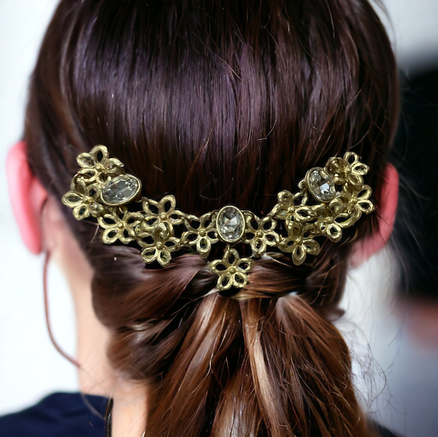 Mixed material upcycled hair accessory - hair clip - gold metal flowers and rhinestones