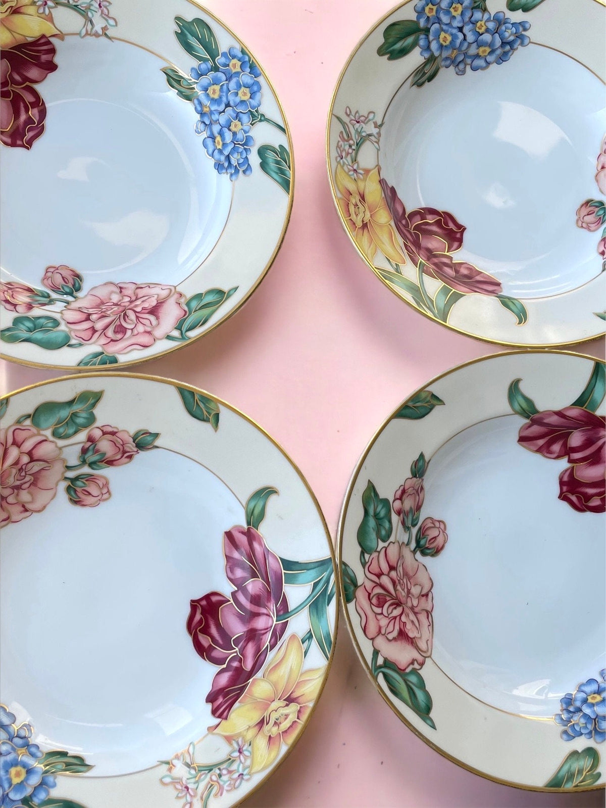 Fitz and Floyd stunning Bariolage Des Fleurs - fine porcelain large rimmed soup bowls