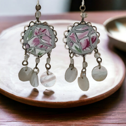 Unique earrings made of hand cut mosaic tile from vintage plates combined with mother of pearl dangles
