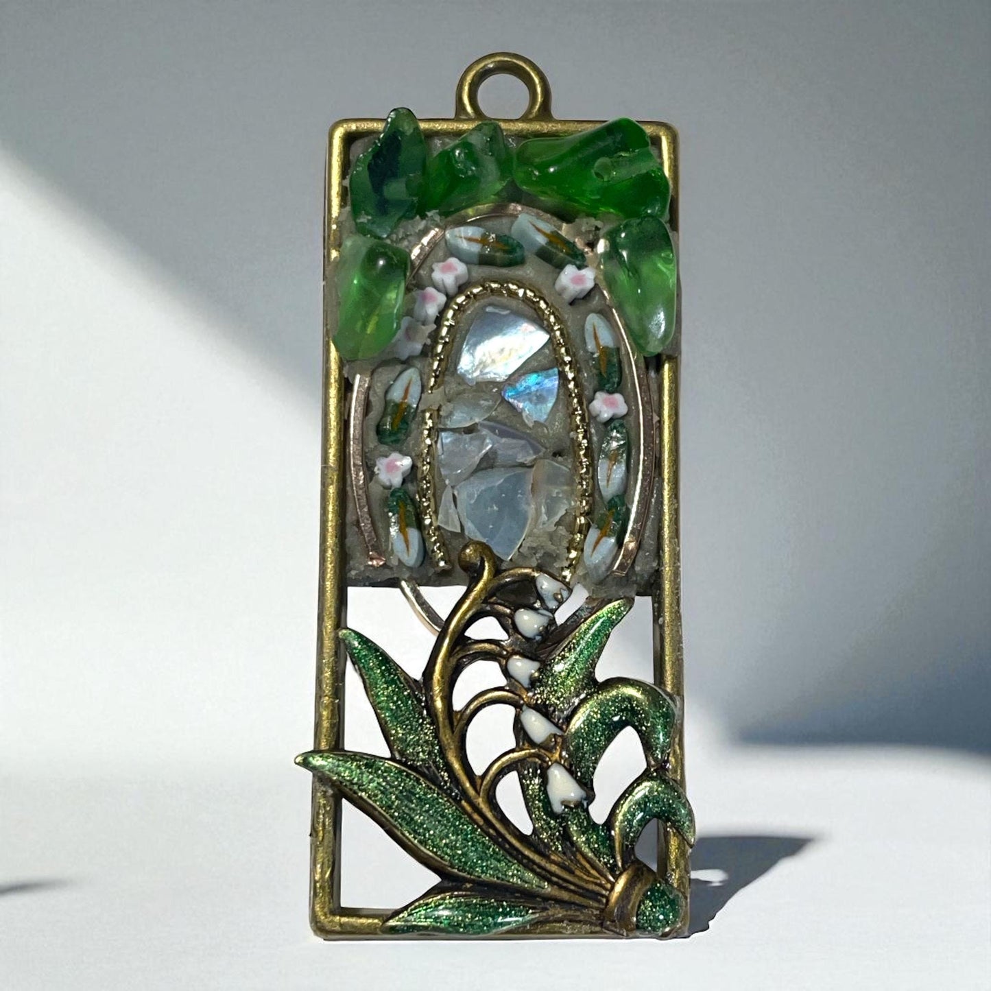 Handmade mosaic necklace -Enameled Lily of the Valley, hand cut glass murrini, glass chips & inlaid mother of pearl, matching chain included