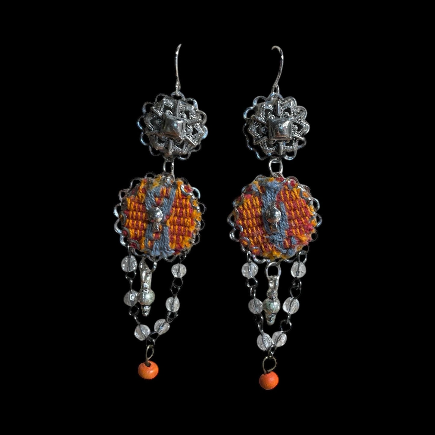 Orange and gray mixed media collage earrings with mixed metals, fabric, crystal and wood; Sterling silver ear wires