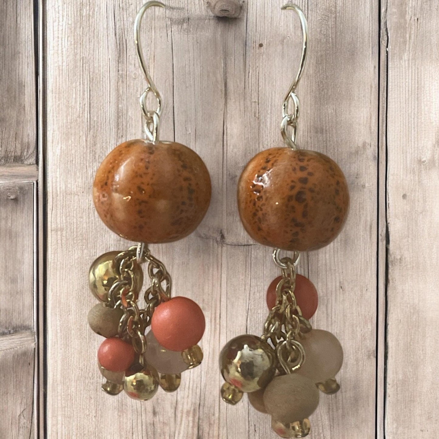 Orange speckled porcelain with mixed color bauble beads handmade dangle earrings