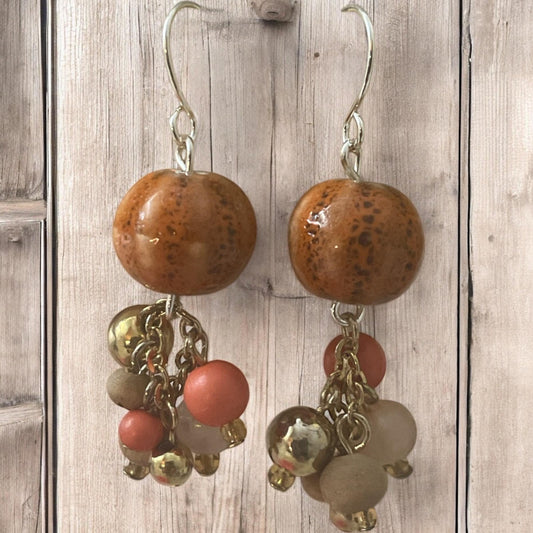 Orange speckled porcelain with mixed color bauble beads handmade dangle earrings