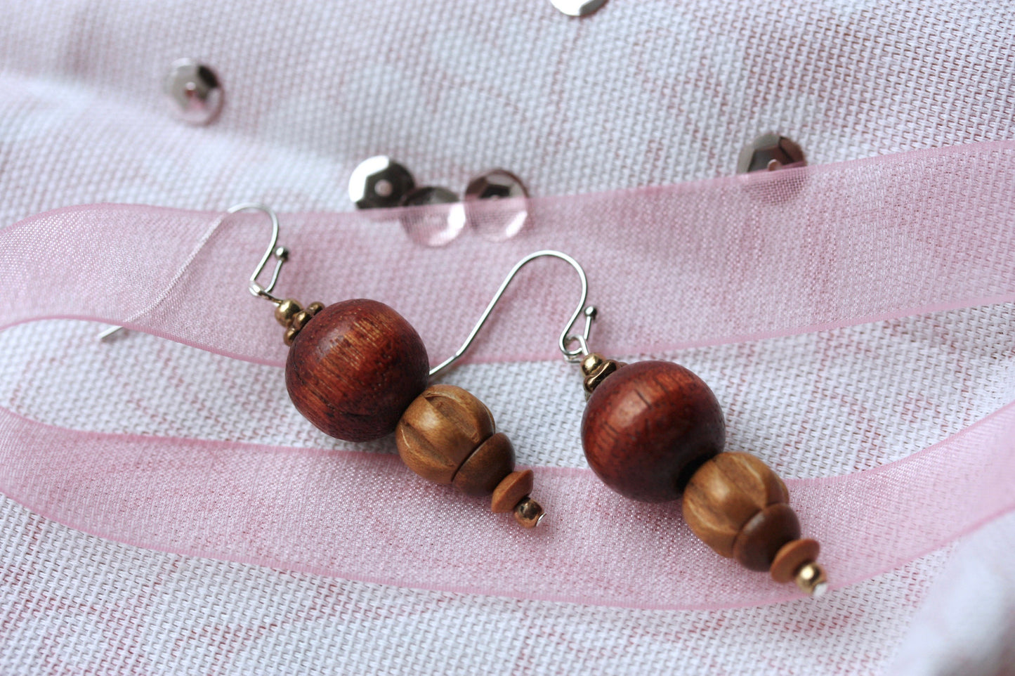 Handmade dangle earrings made with vintage wooden beads