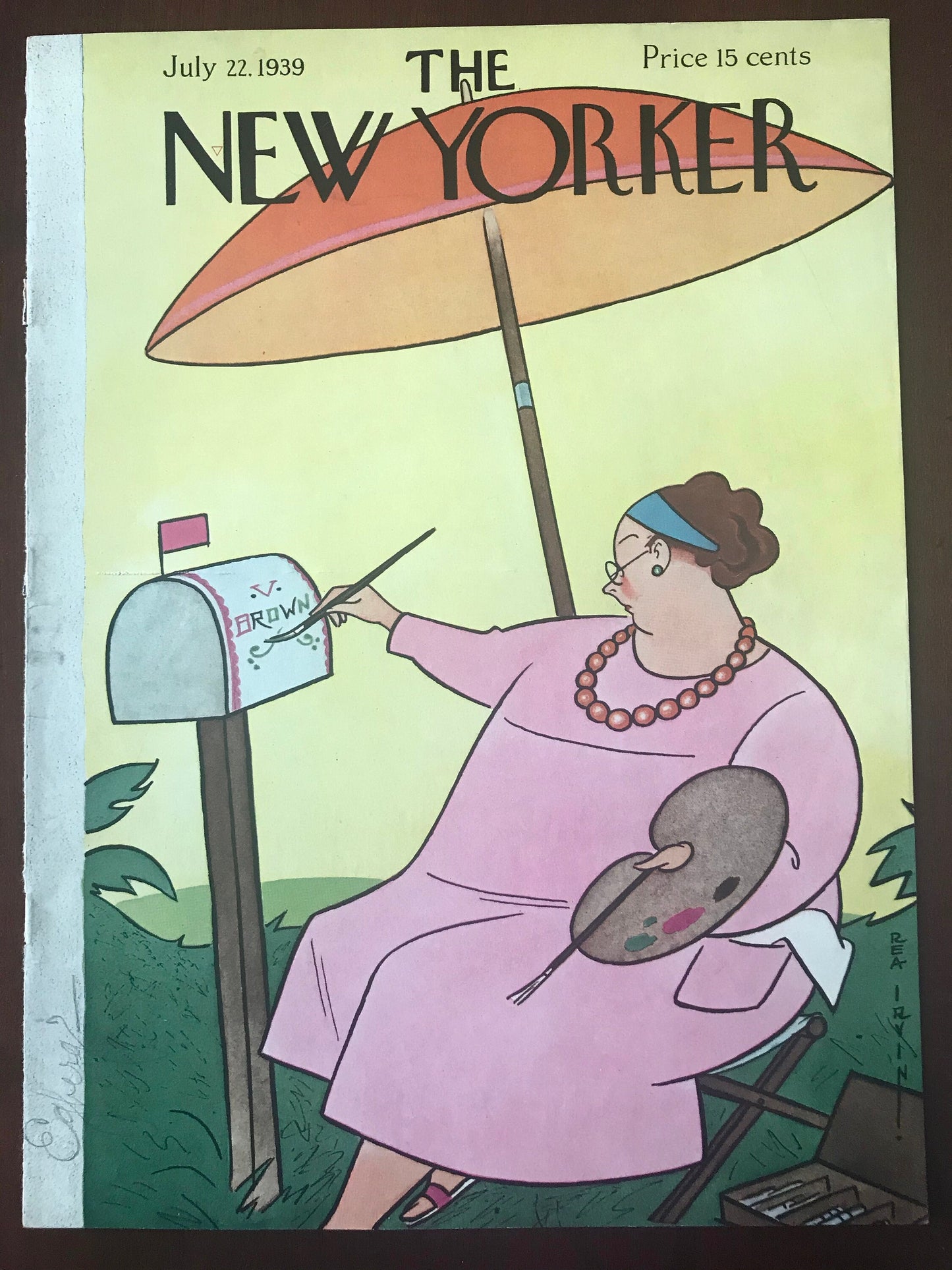 Rare - July 22, 1939 - The NEW YORKER Magazine original cover by Rea Irvin - pink dressed woman painting mailbox - please read description