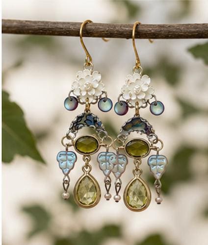 Handmade Vintage Rose Statement Earrings | Upcycled Goldtone Crystal, Iridescent Glass & Vintage Silk Earrings