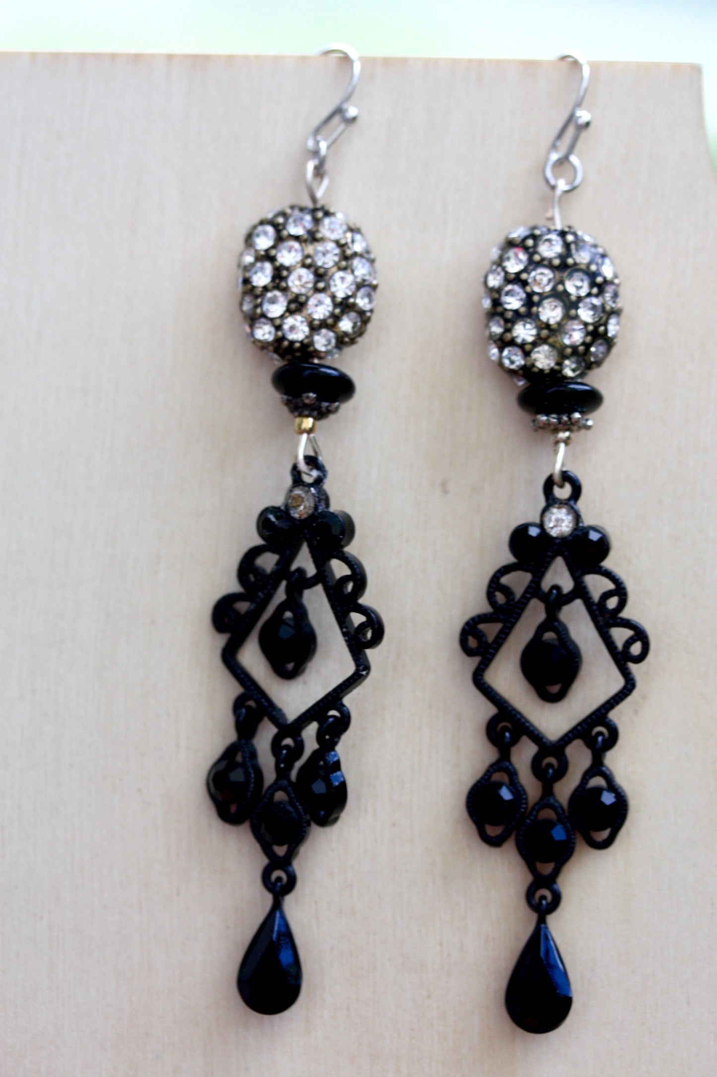 Mixed materials one-of-a-kind handmade dangle earrings - upcycled vintage rhinestones, new and vintage elements