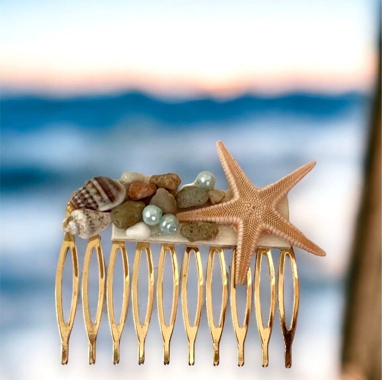 Stunning beach themed hair comb - starfish, stones, shells, faux pearls on goldtone metal