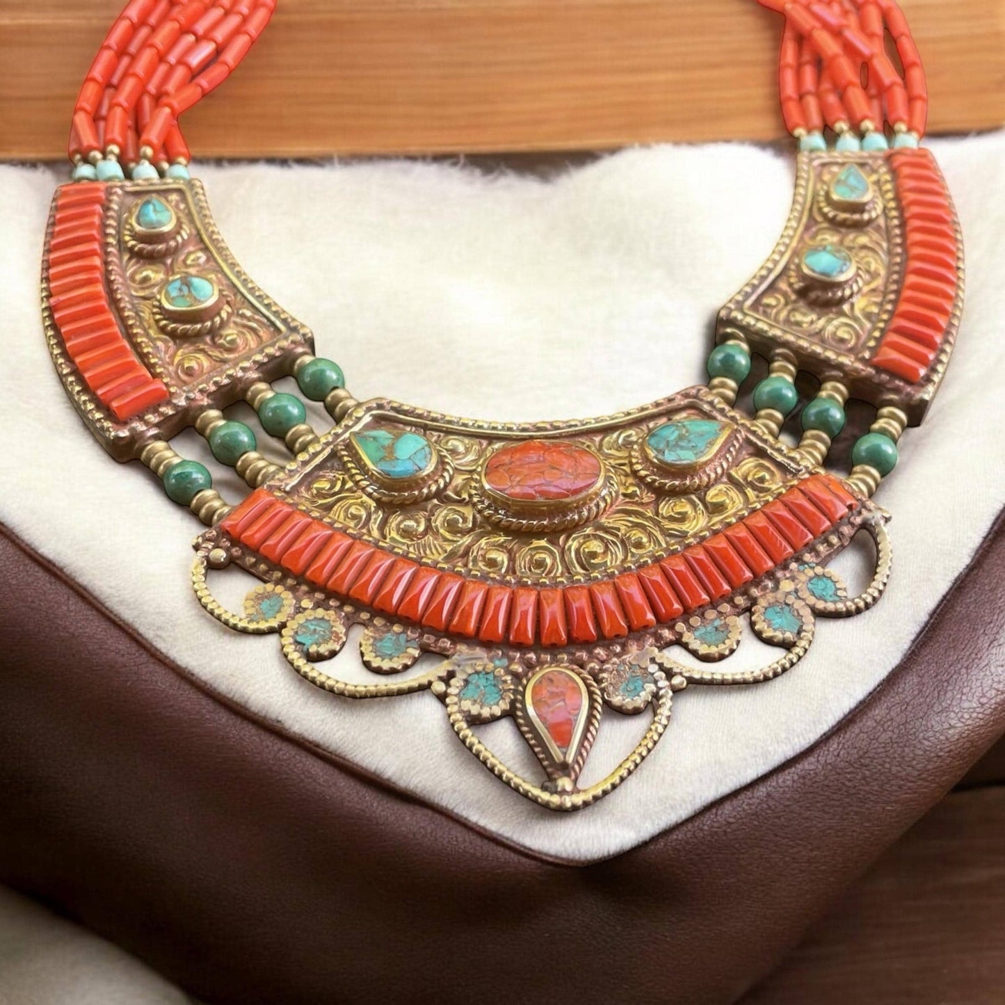 Boho Tribal Statement Necklace | Red Coral Beaded Ethnic Necklace | Tibetan Style Turquoise Brass Necklace | Bold Festival Jewelry