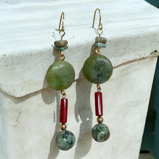 Olive jade, turquoise chips and red stone tubular handmade dangle earrings - Handmade Boho Gemstone Jewelry | Gift for Her
