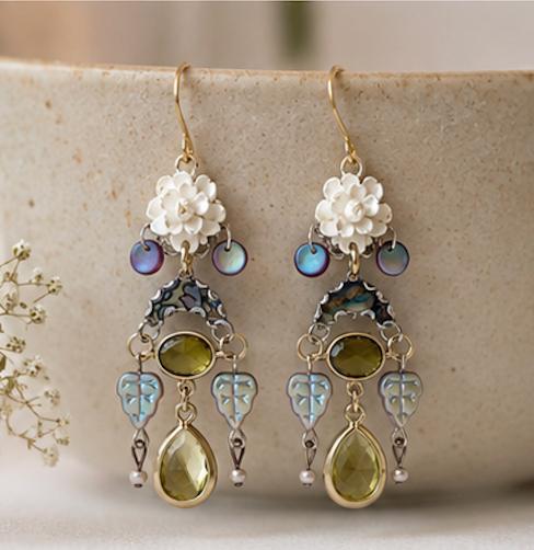 Handmade Vintage Rose Statement Earrings | Upcycled Goldtone Crystal, Iridescent Glass & Vintage Silk Earrings