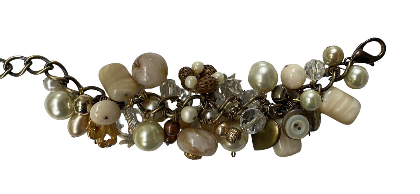 Vintage charm bracelet - faux pearls, glass, crystals, buttons and mixed materials