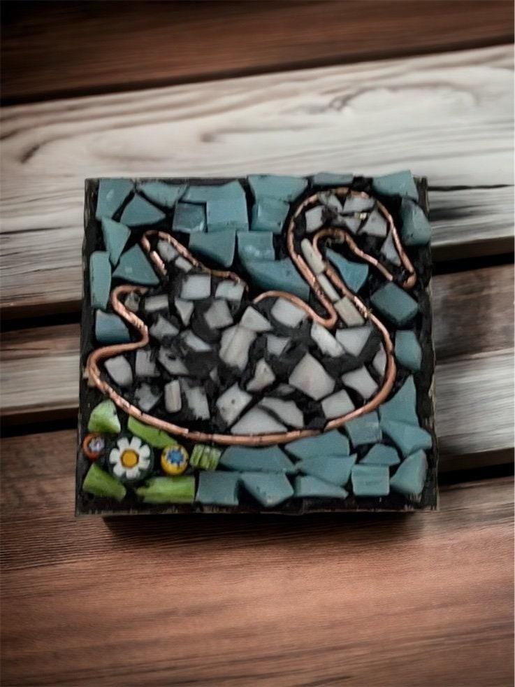 Handmade Mosaic Necklace - Swan in Water with Millefiori Glass