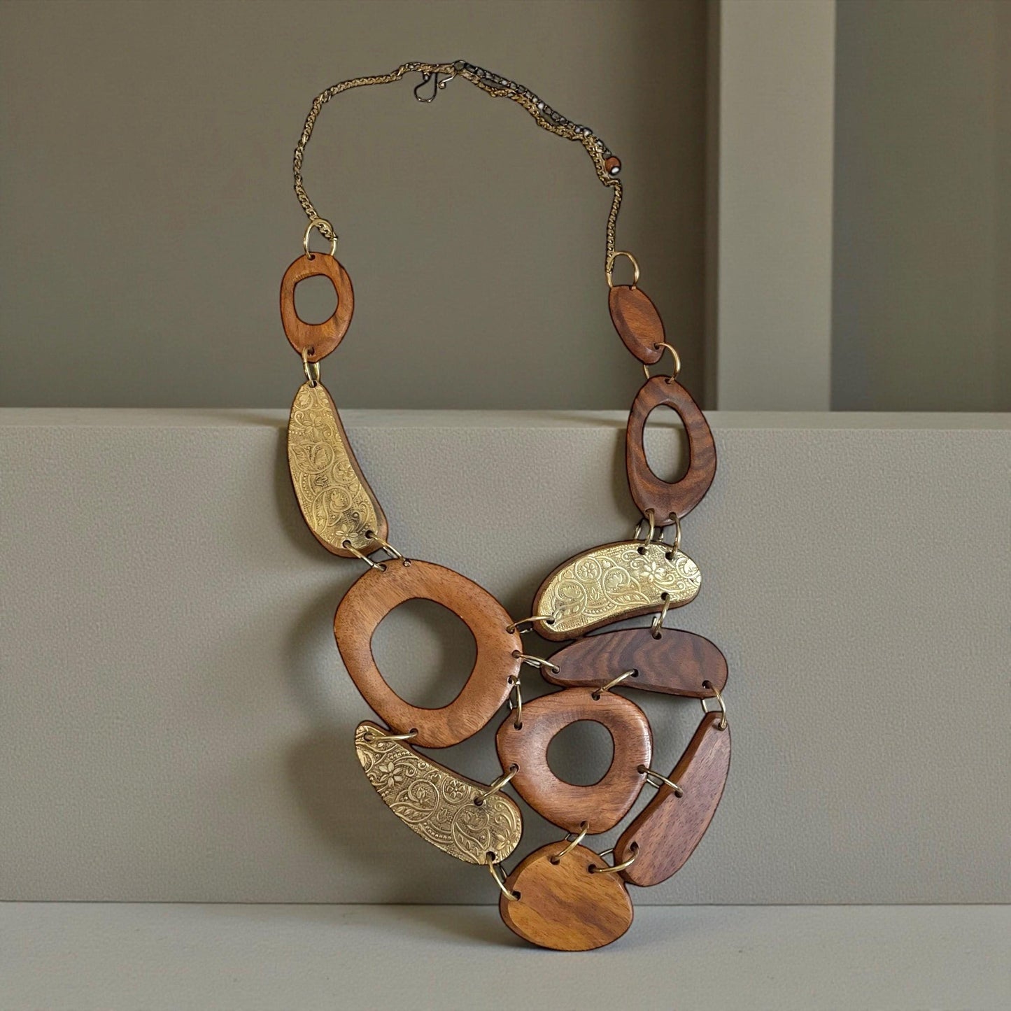 Vintage Wood Statement Necklace | Large Mixed Wood and Brass Tone Links | Boho Artisan Style Necklace | Chunky Wood Jewelry