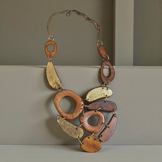 Vintage Wood Statement Necklace | Large Mixed Wood and Brass Tone Links | Boho Artisan Style Necklace | Chunky Wood Jewelry