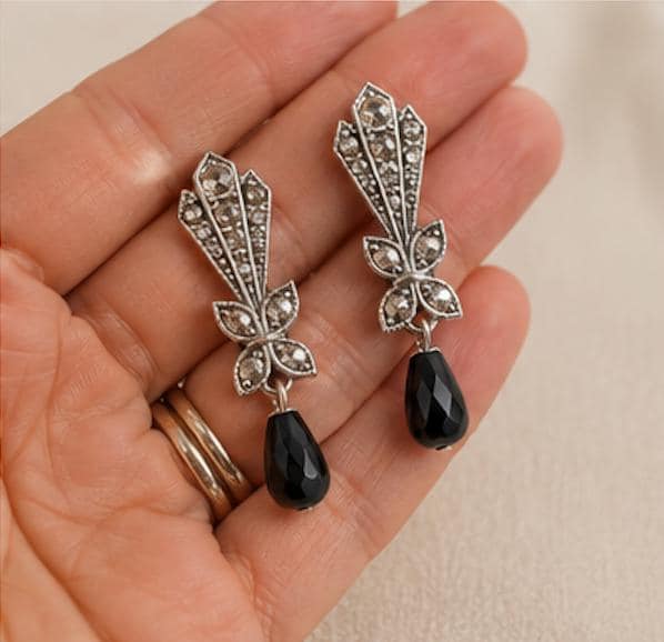 Vintage Art Deco Style Clip-On Earrings with Black Teardrop Dangles | Silver Tone Rhinestones | 1.5" Long