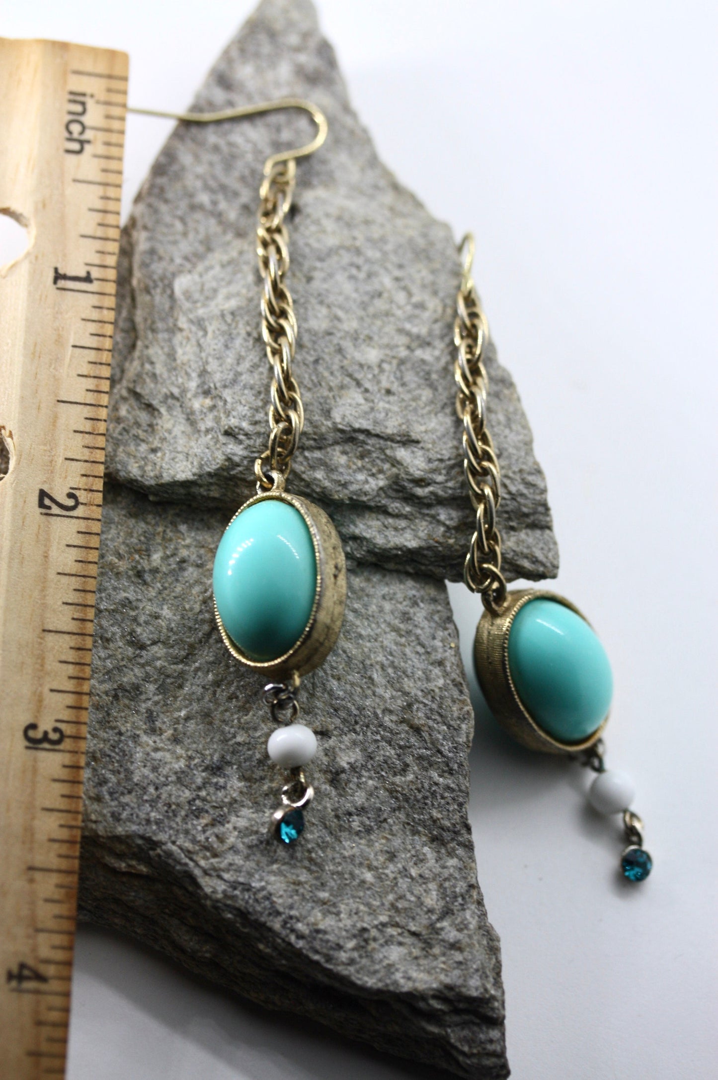 Handmade mixed material dangle earrings made of vintage and new materials - turquoise dangles with white glass and blue rhinestones