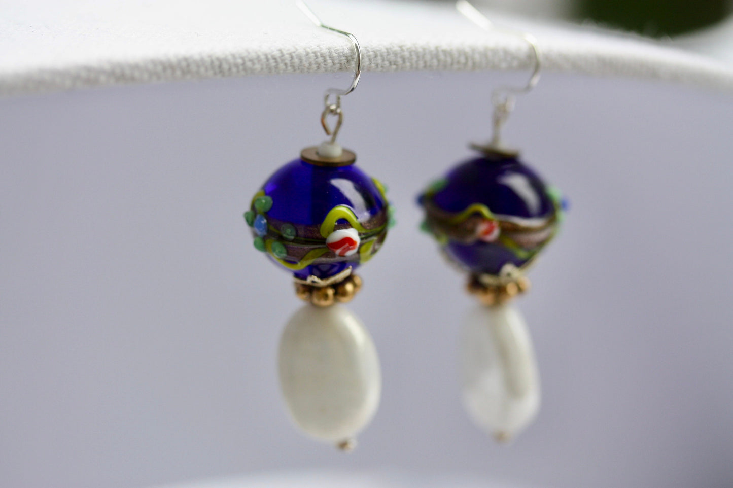 Cobalt blue Birthday cake vintage art glass earrings with white oval vintage glass