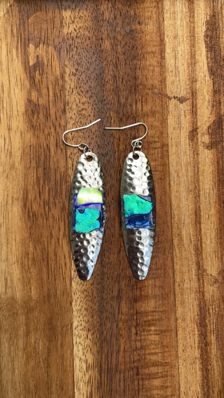 Hammered metal with dichroic glass mixed media earrings