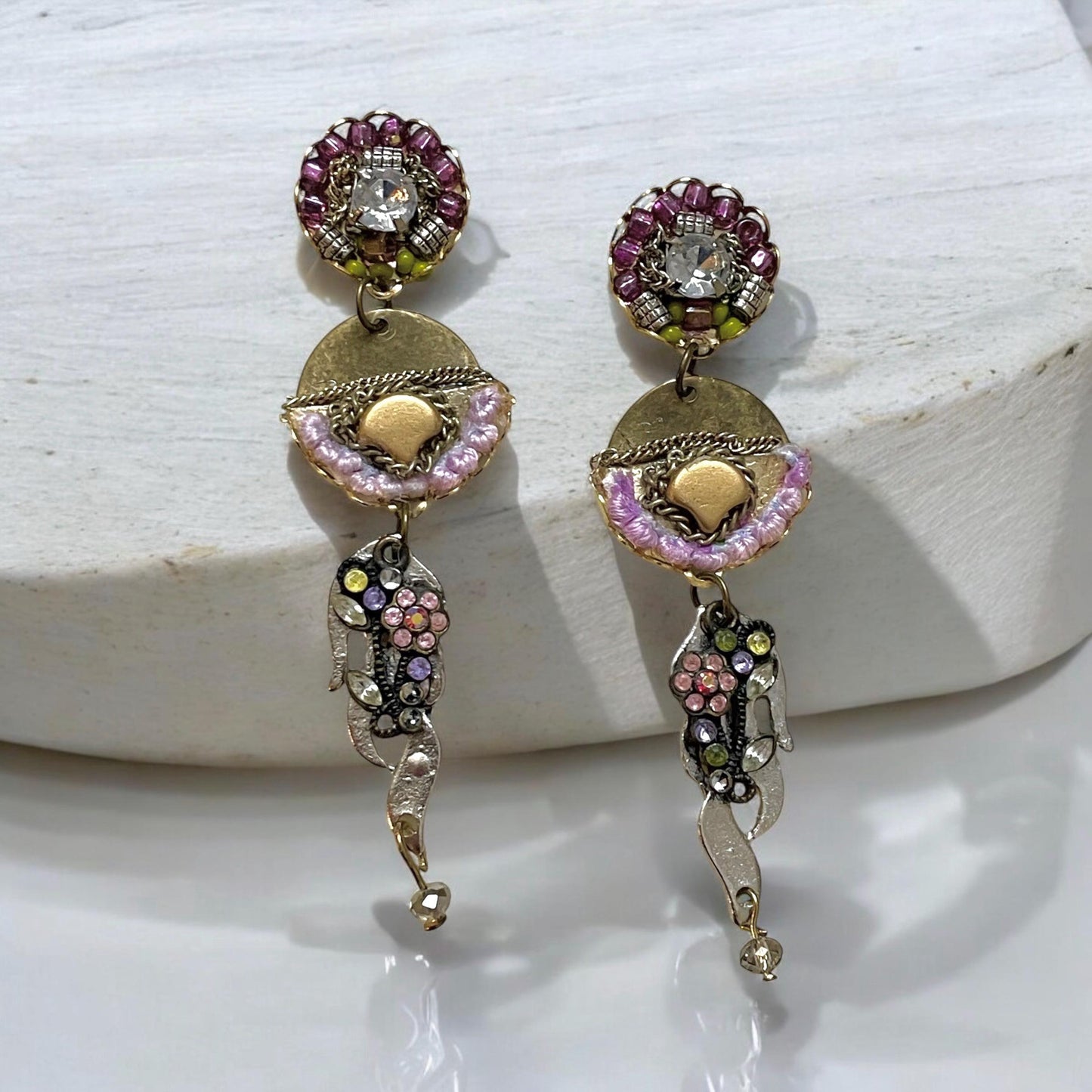 Handmade shades of lavender & purple mixed media earrings made with glass beads, crystals, chain, metal and other upcycled mixed materials