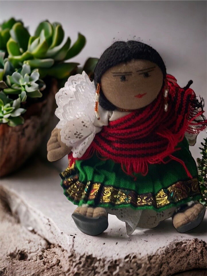 Stunning vintage Mexican? girl doll with braids, sandals and traditional clothing