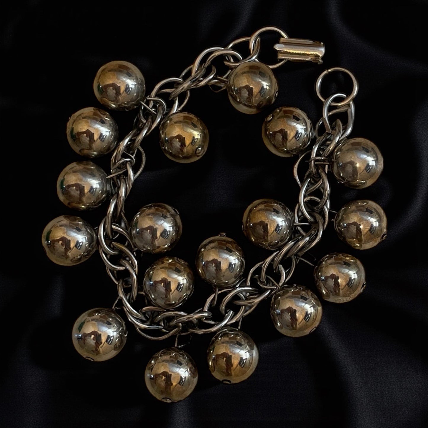 Vintage Metal Ball Cha Cha Bracelet – Mid Century Jingle Charm Bracelet, Retro Statement Jewelry