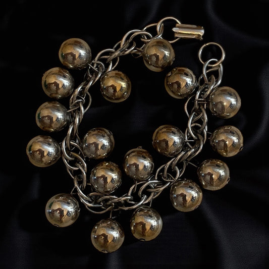 Vintage Metal Ball Cha Cha Bracelet – Mid Century Jingle Charm Bracelet, Retro Statement Jewelry