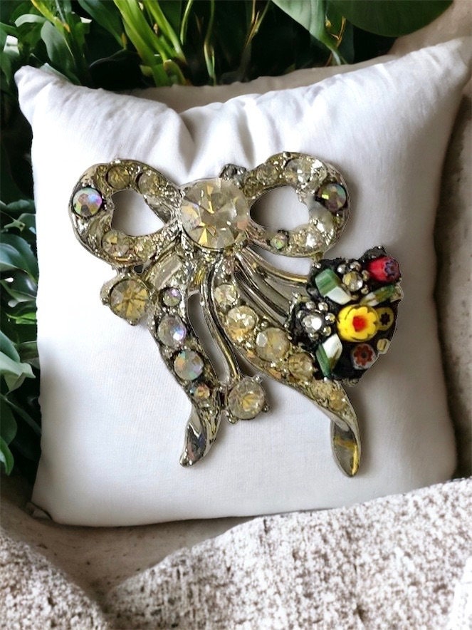 Charming upcycled vintage pin with rhinestones, handcut Italian glass and sweet millefiori flowers and leaves