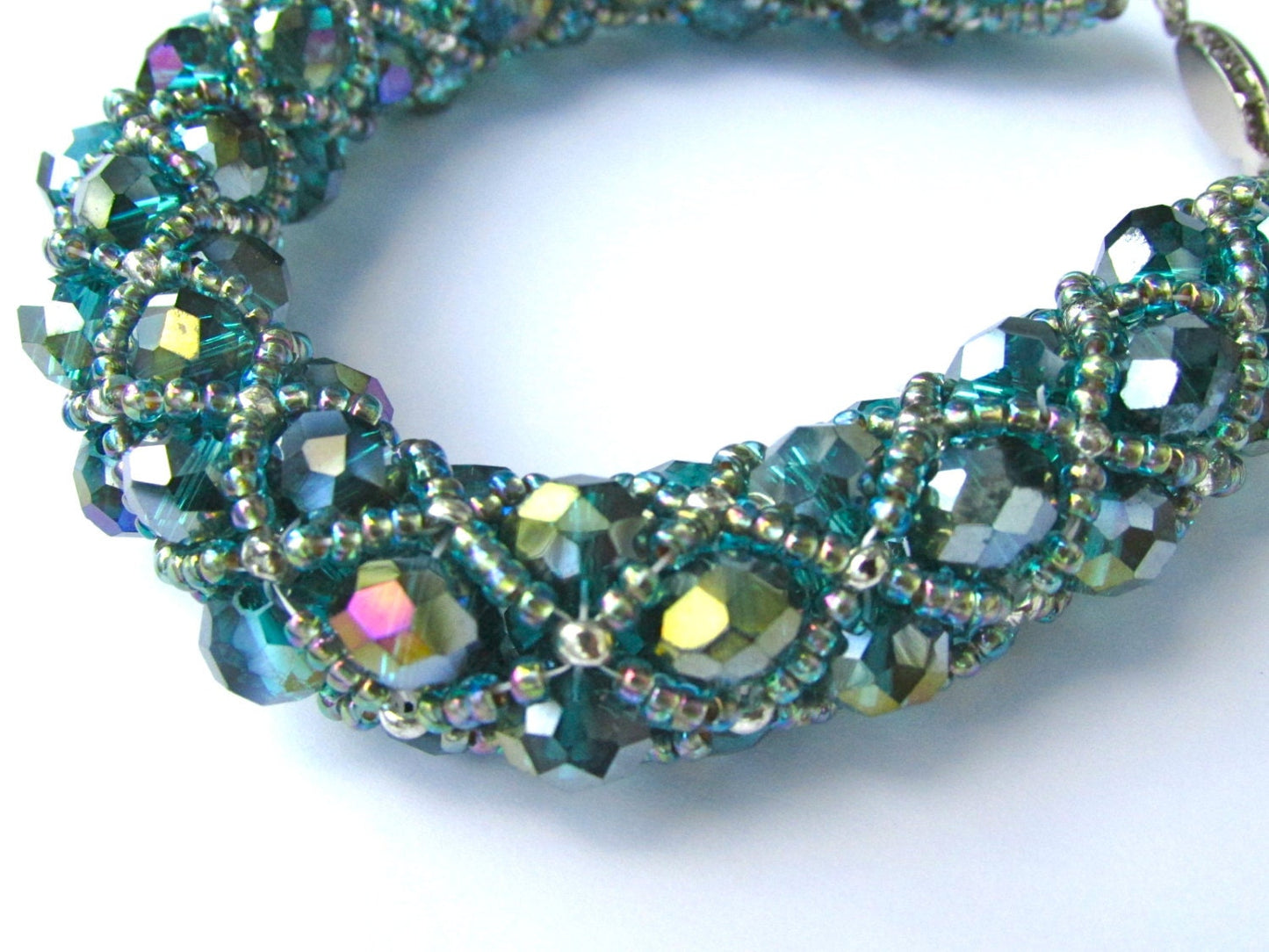 Mint green handmade, hand stitched crystal bracelet with toggle clasp