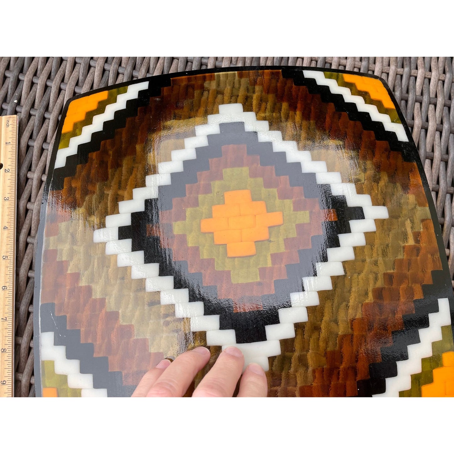 Stunning vintage artist signed fused glass serving dish in a patchwork quilt design