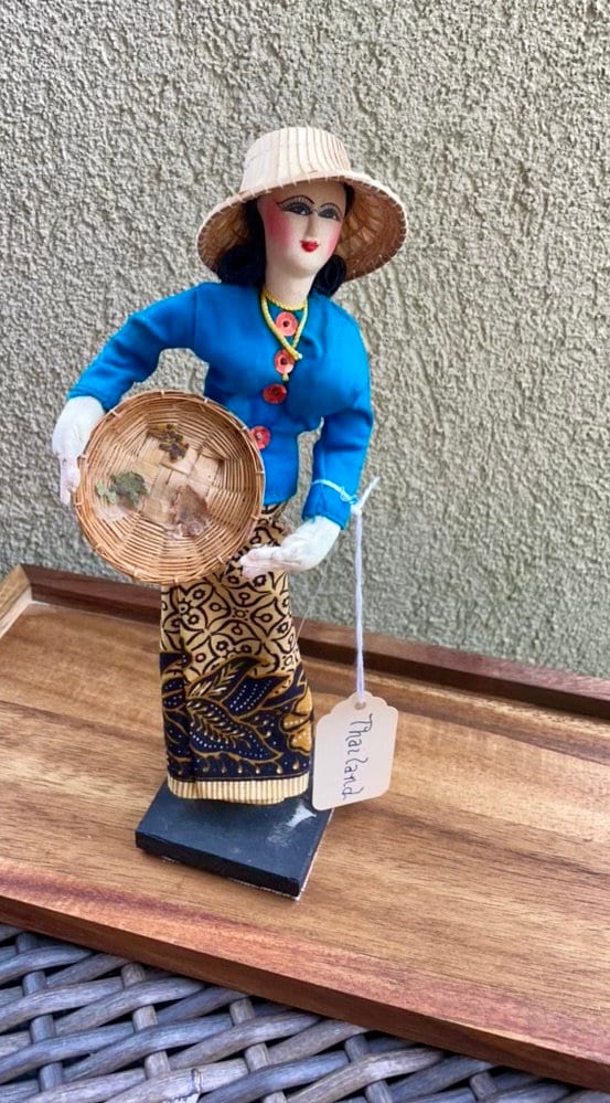 Stunning vintage collectible doll figurine - made in Thailand - woman in straw hat with a basket, blue top, orange buttons, handmade skirt