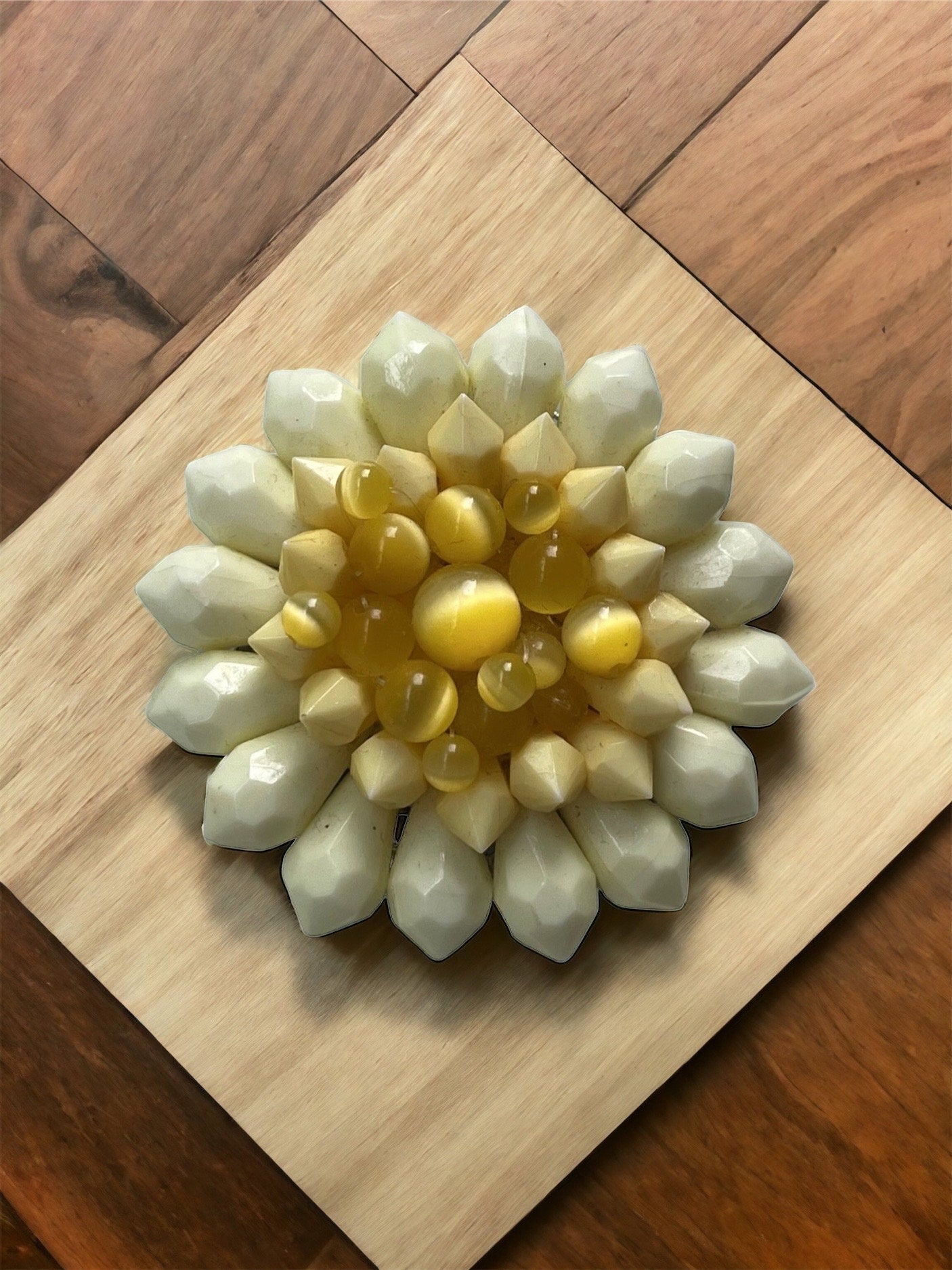 Unique large 2" yellow beaded vintage necklace pendant