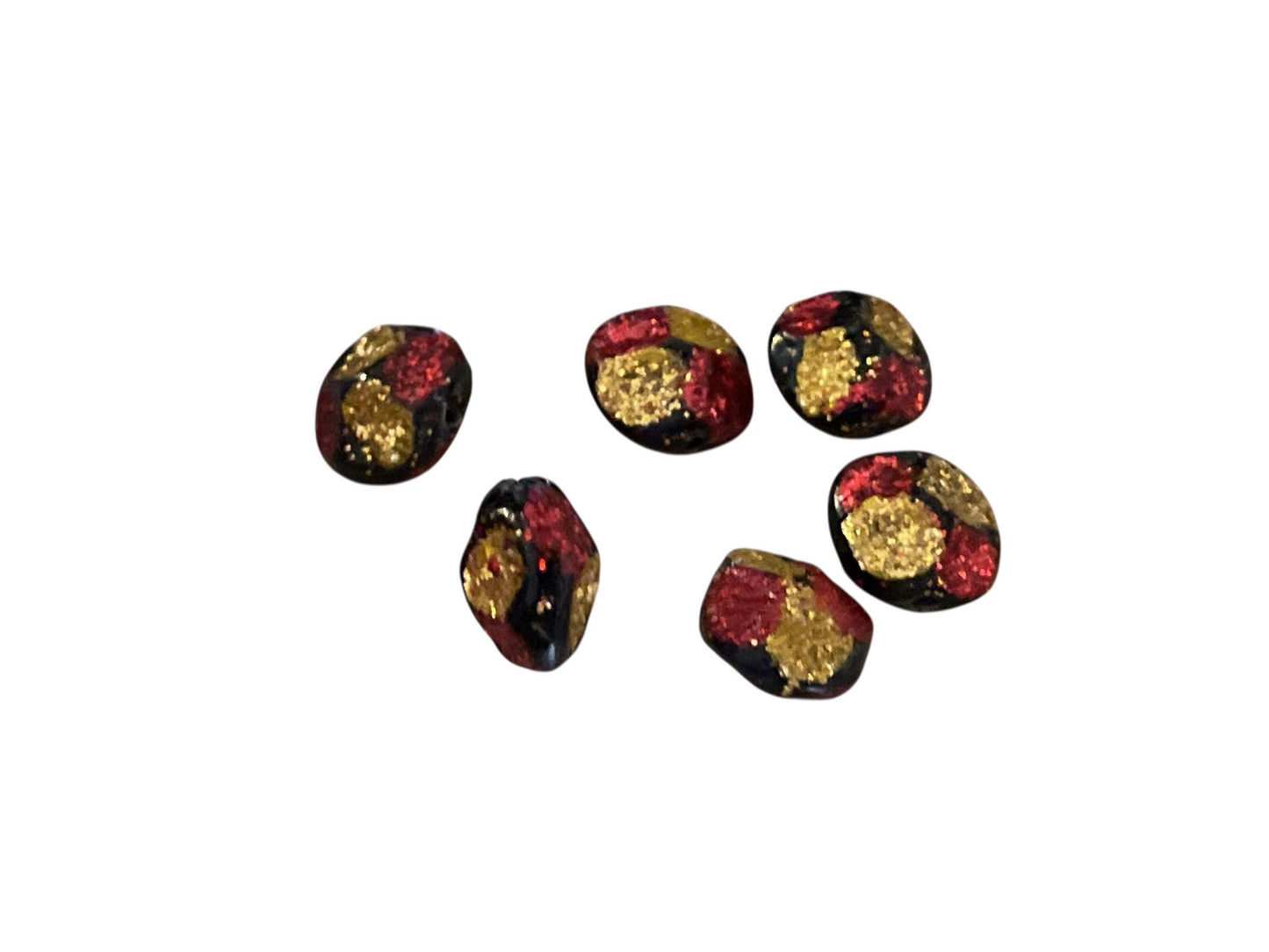Vintage Red & Gold Glitter on uniquely shaped black Beads – for Jewelry Making