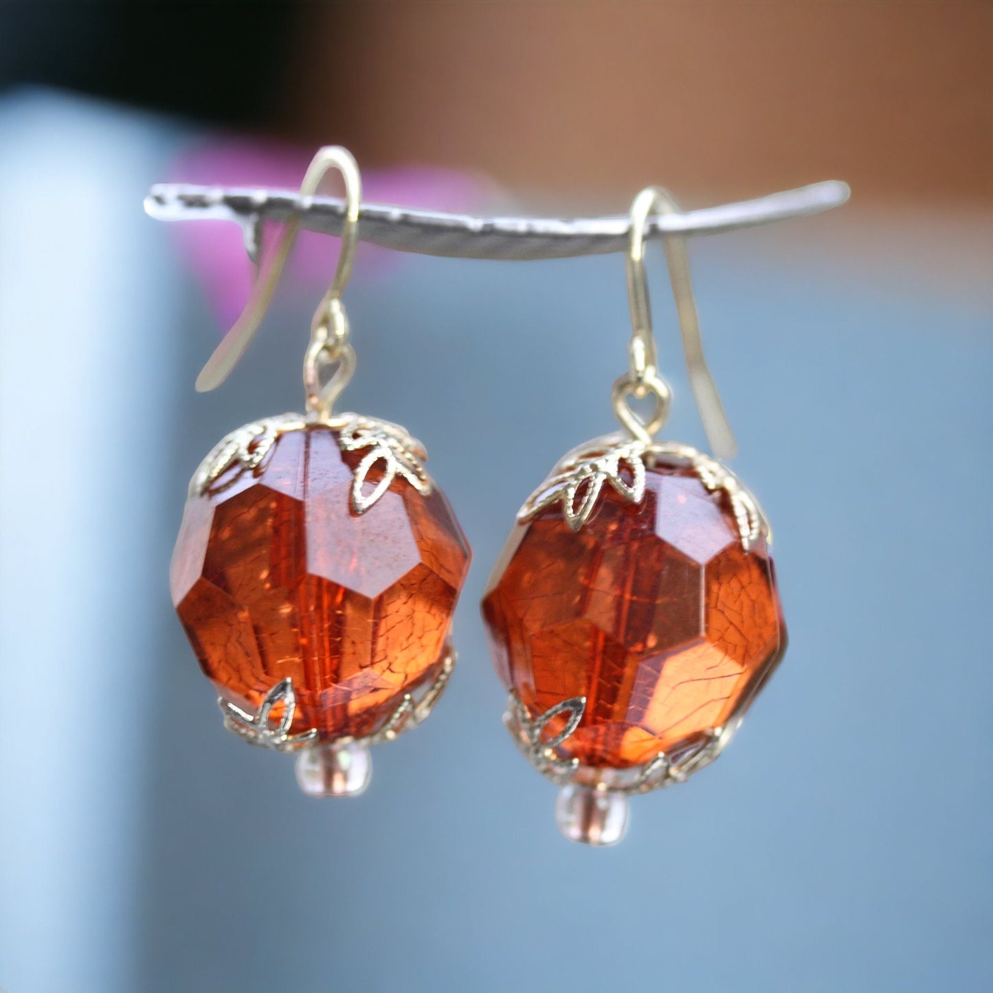 Simple gold faceted crystal dangle earrings with upcycled vintage gold leaf bead caps