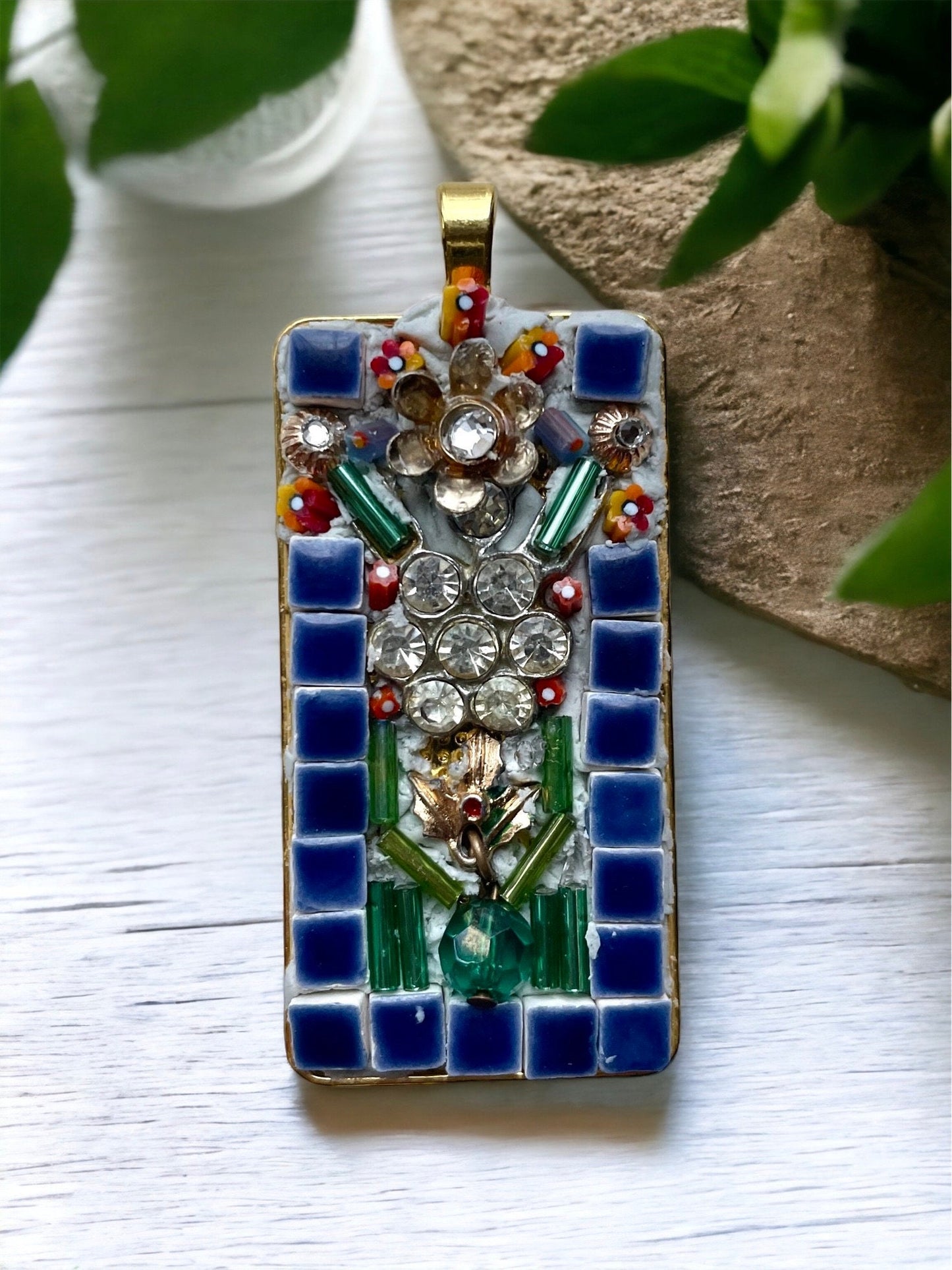 Mixed Material Micro Mosaic - tile, glass, metal and rhinestones - Assemblage art necklace pendant