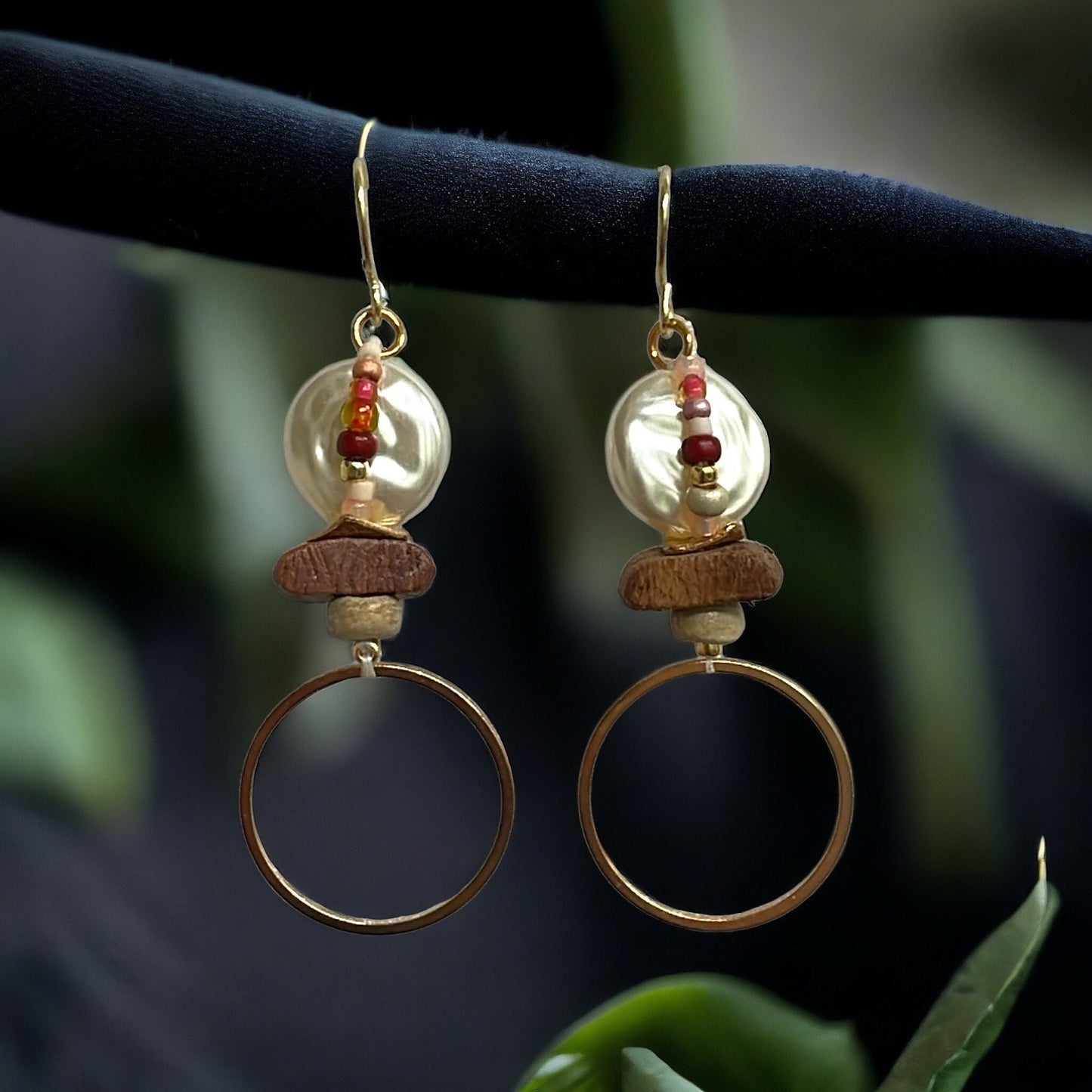 Multi material hoop earrings - layered wood, faux pearl, coral and shades of cream/brown glass seed beads, goldtone metal hoops