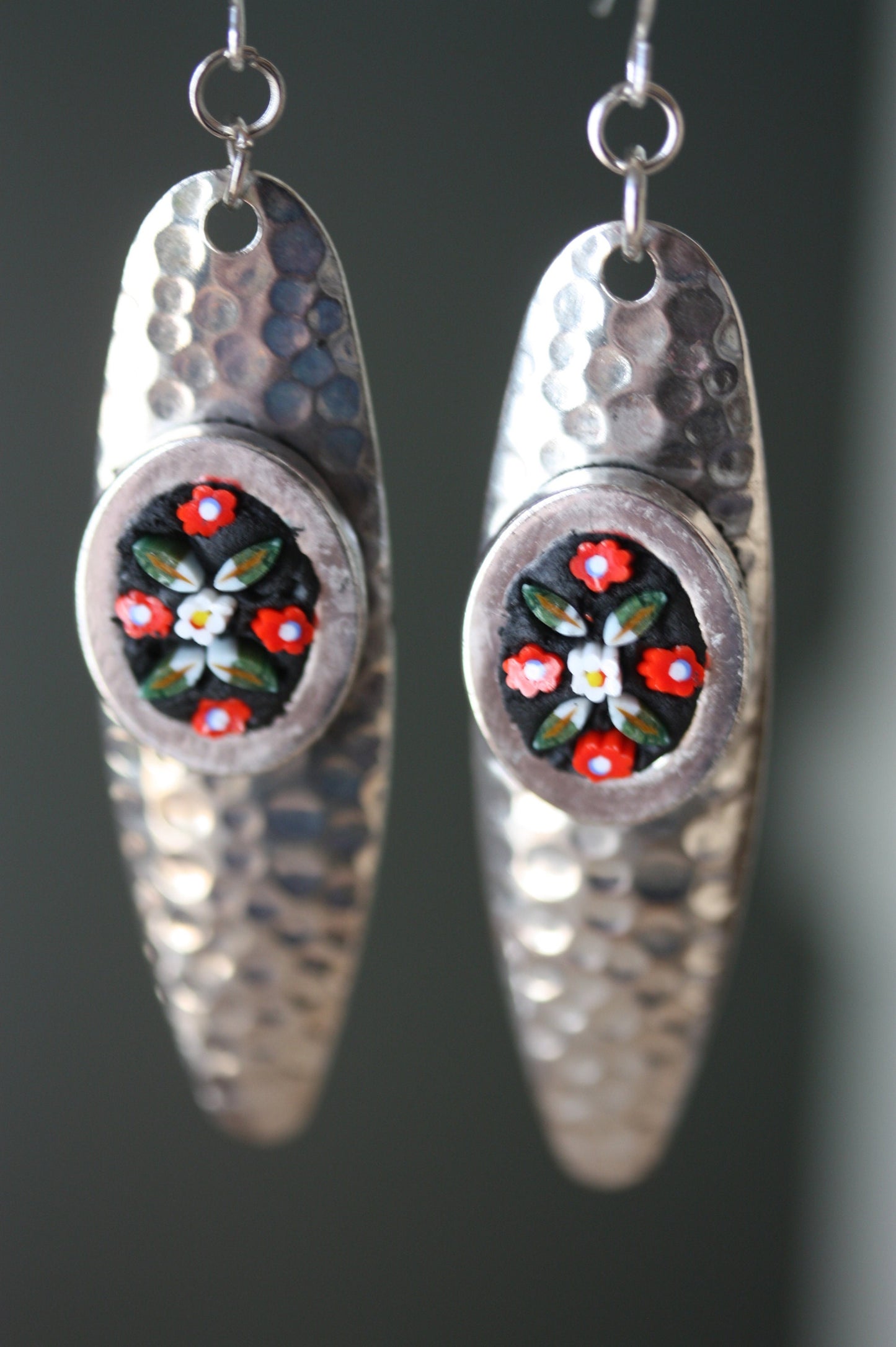 My handmade inlaid micro-mosaic on upcycled vintage hammered metal earrings - with sterling silver ear wires