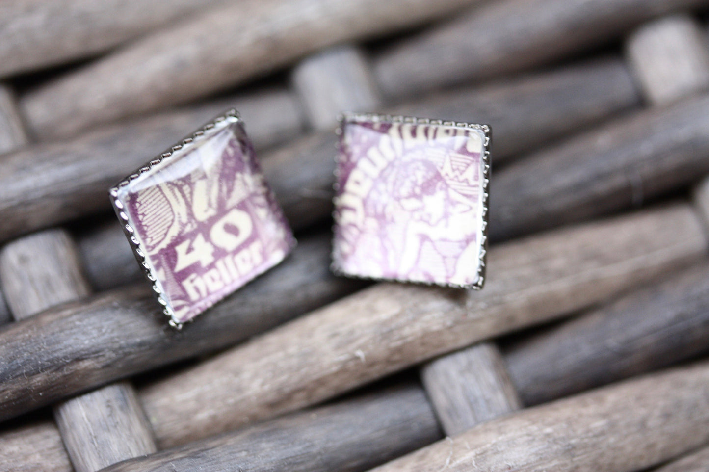 Tiny square stud earrings made from genuine antique postage stamp - 40 Heller Republic of German-Austria postage stamp issued 1919-1920