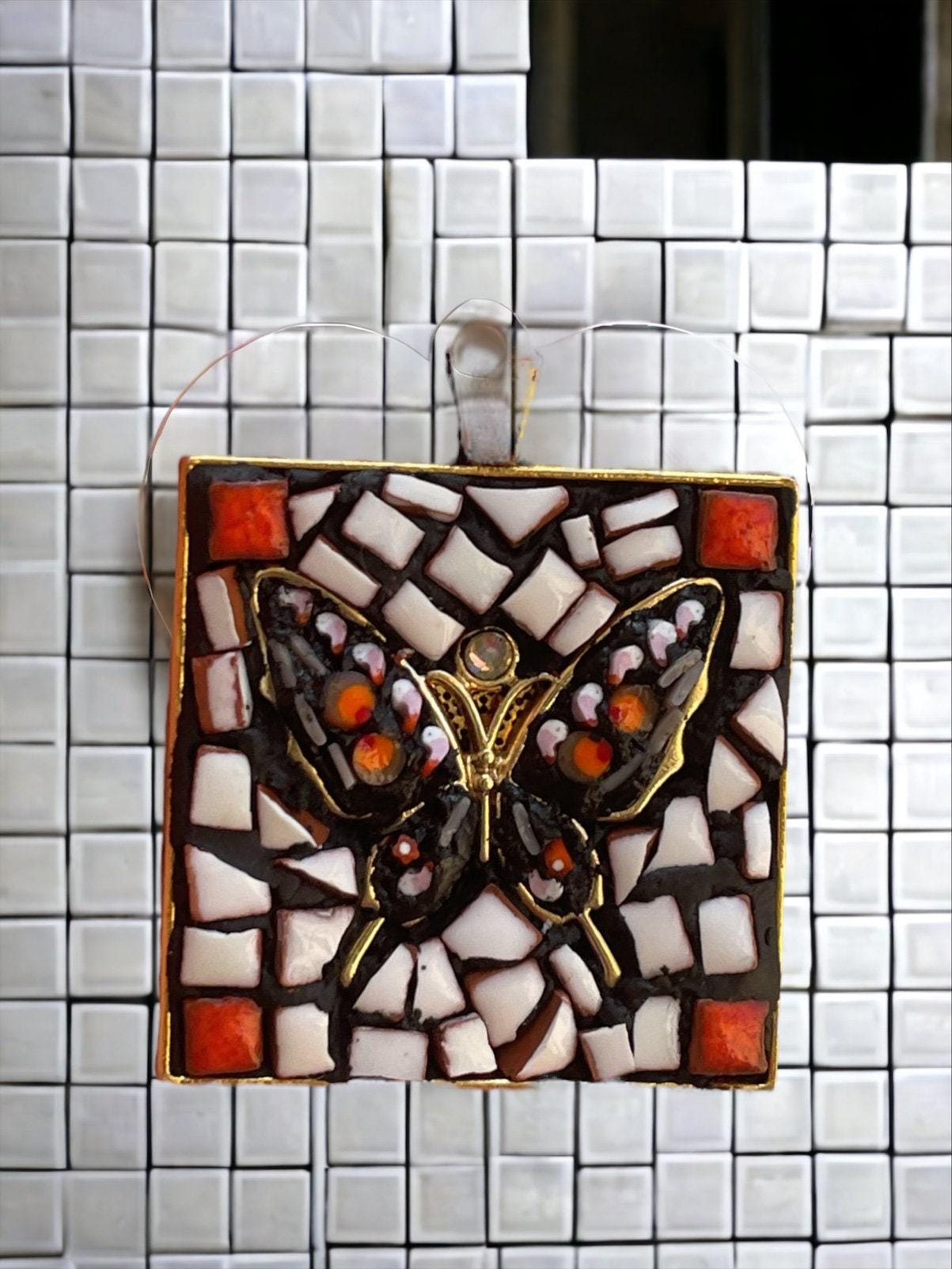 Mixed Material Butterfly Necklace: Hand Cut Tile and Italian Glass