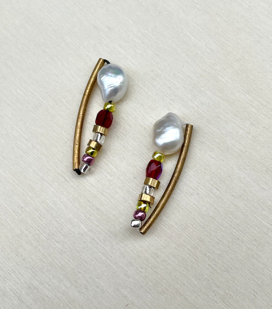 Unique mixed material handmade sterling silver stud earrings - baroque pearls, glass, metal, Japanese seed beads