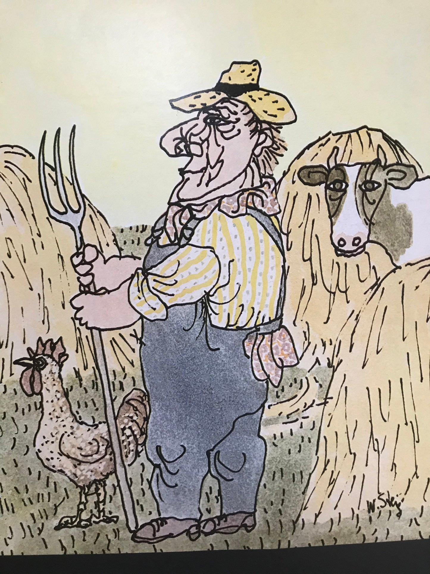 September 18, 1978 - The NEW YORKER Magazine original cover by William Steig - A farmer stands with his rooster and cow in a field of hay