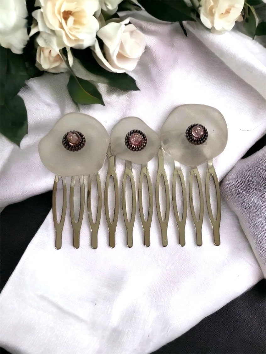 Unique clear white free form lucite and pink glass hair comb