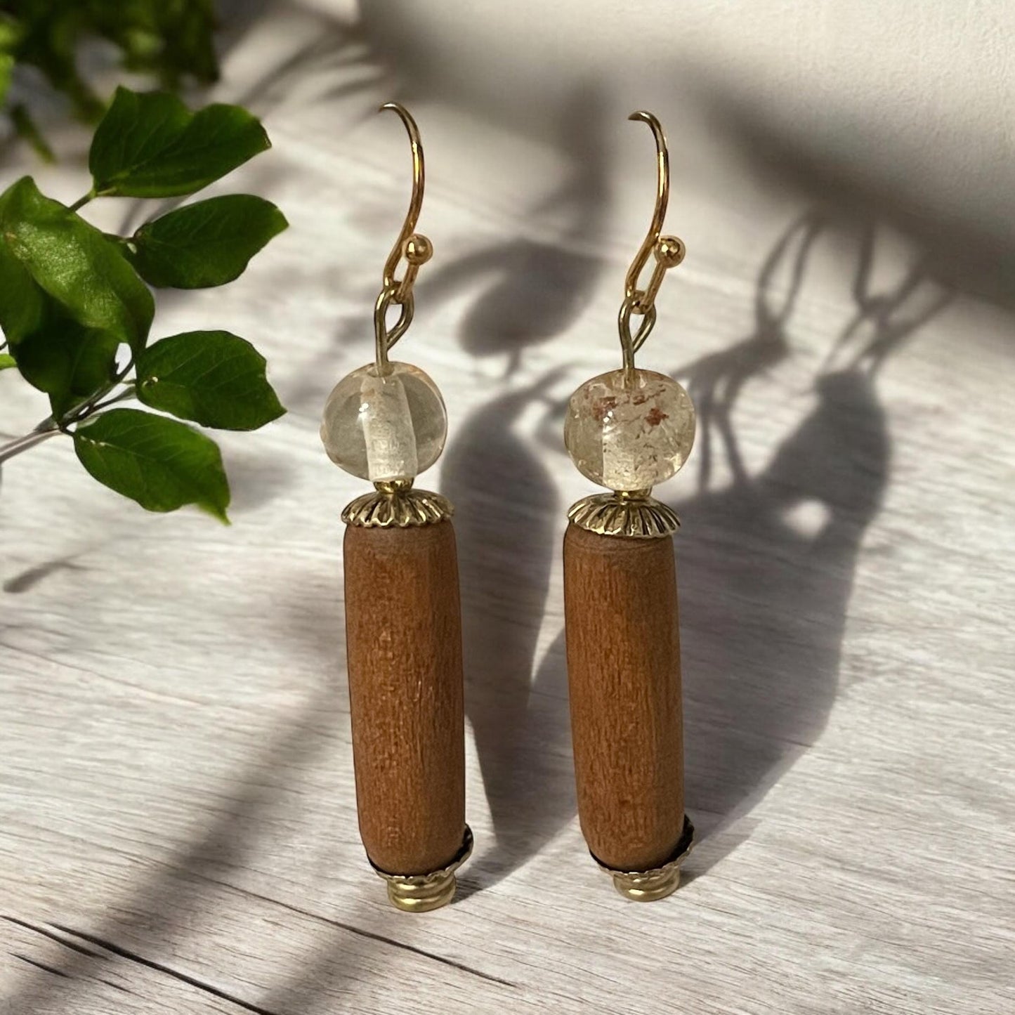 Tubular vintage wood and muted clear glass handmade dangle earrings