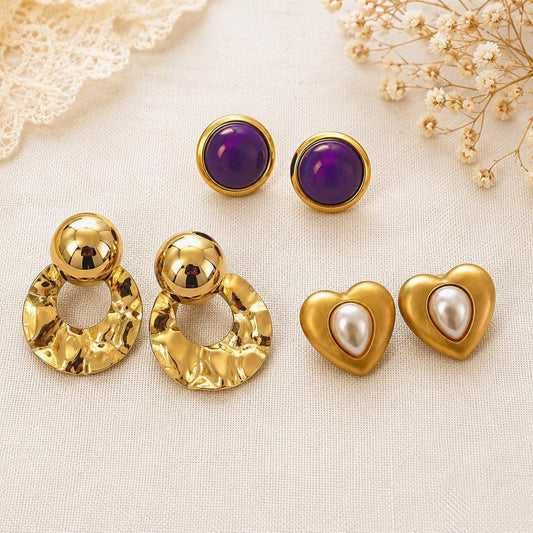 Vintage Pierced Earring Lot of 3 Pairs – Purple Cabochons, Gold Tone Hammered Hoops & Faux Pearl Hearts – Retro Statement Jewelry Collection