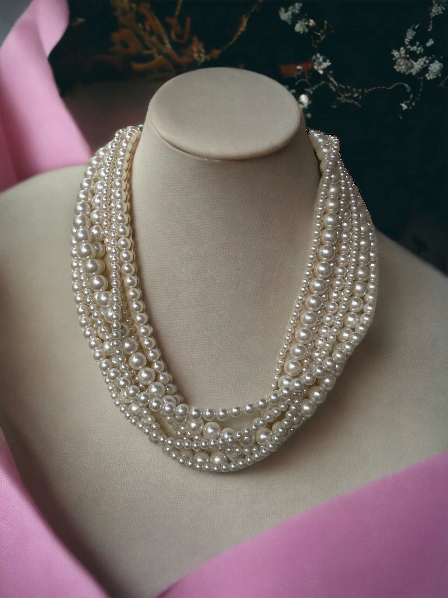 Stunning multi-stranded multi-sized all white faux pearl vintage necklace